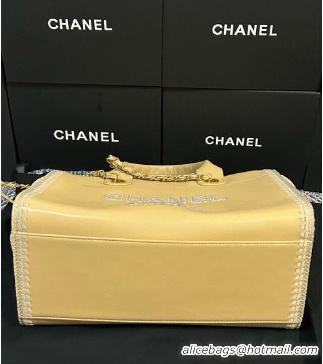 Well Crafted Chanel Deauville Calfskin & Woven Straw-Like Large Shopping Bag 0526 Yellow 2025