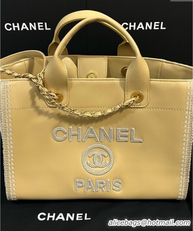 Well Crafted Chanel Deauville Calfskin & Woven Straw-Like Large Shopping Bag 0526 Yellow 2025
