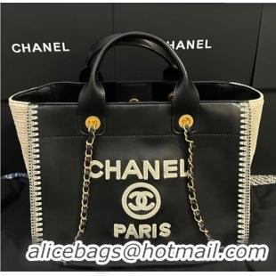 Best Price Chanel Deauville Calfskin & Woven Straw-Like Large Shopping Bag 0526 Black 2025