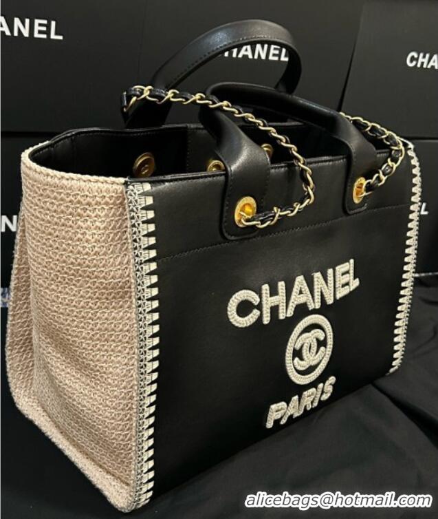 Best Price Chanel Deauville Calfskin & Woven Straw-Like Large Shopping Bag 0526 Black 2025