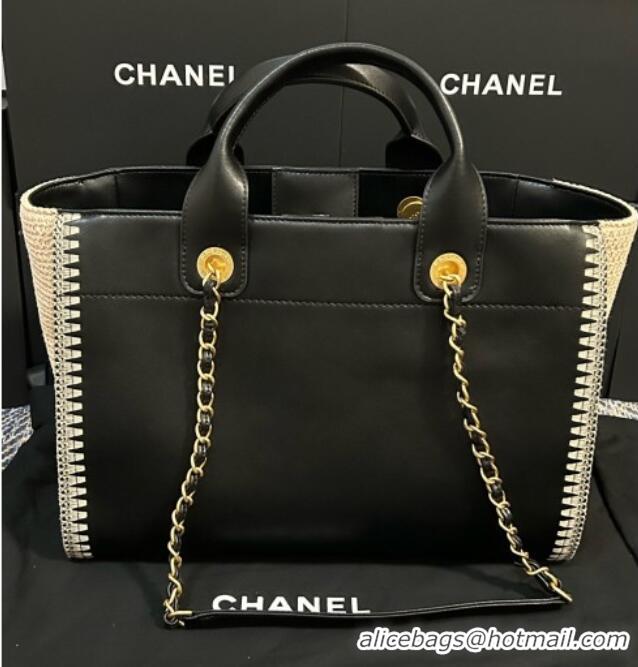 Best Price Chanel Deauville Calfskin & Woven Straw-Like Large Shopping Bag 0526 Black 2025