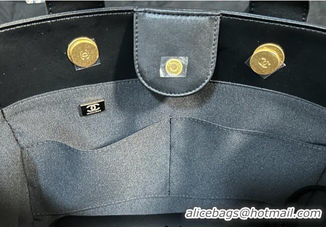 Best Price Chanel Deauville Calfskin & Woven Straw-Like Large Shopping Bag 0526 Black 2025
