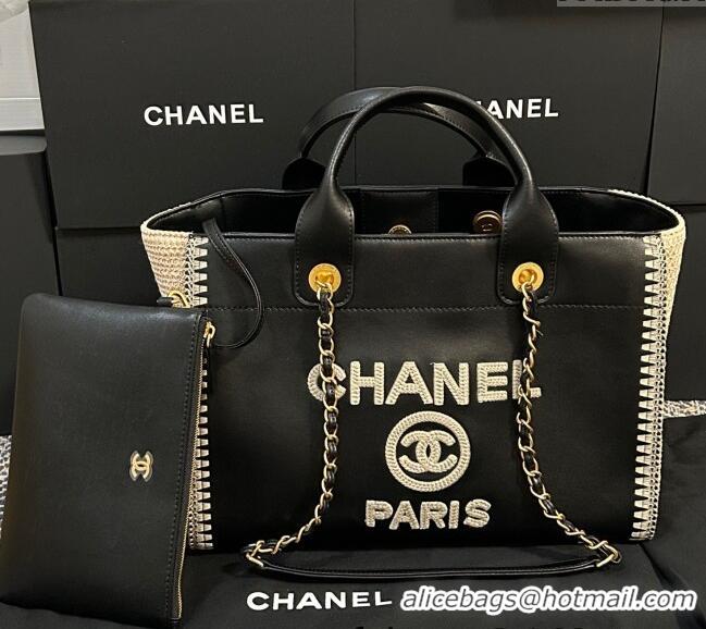 Best Price Chanel Deauville Calfskin & Woven Straw-Like Large Shopping Bag 0526 Black 2025