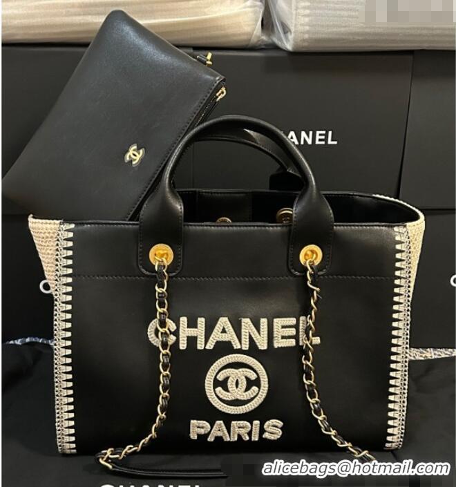 Best Price Chanel Deauville Calfskin & Woven Straw-Like Large Shopping Bag 0526 Black 2025