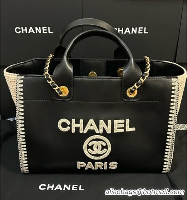 Best Price Chanel Deauville Calfskin & Woven Straw-Like Large Shopping Bag 0526 Black 2025
