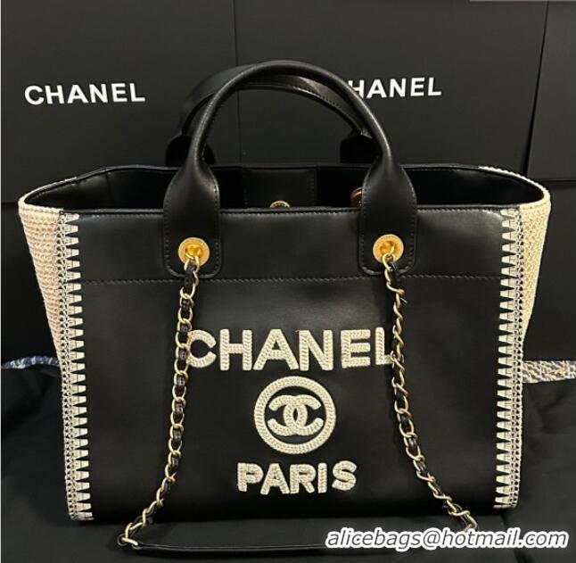 Best Price Chanel Deauville Calfskin & Woven Straw-Like Large Shopping Bag 0526 Black 2025