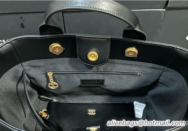 Best Price Chanel Deauville Calfskin & Woven Straw-Like Large Shopping Bag 0526 Black 2025