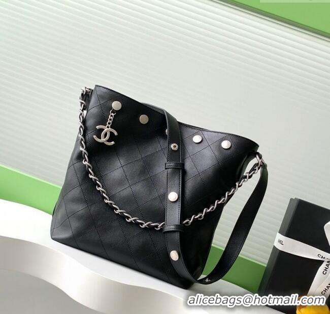 Famous Brand Chanel Large Bucket Bag in Shiny Lambskin AS5406 Black/Silver 2025