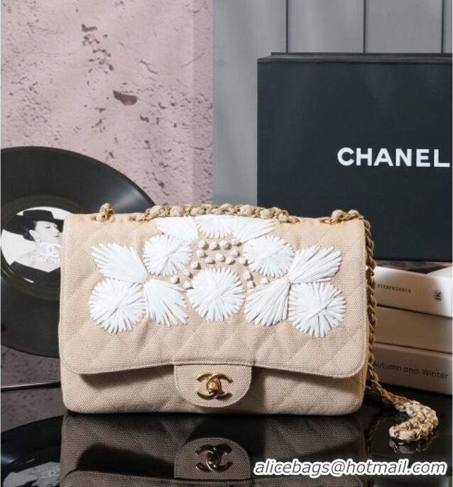 Top Design Chanel Vintage Embroidered Linen Flap Bag CH052679 Beige 2025