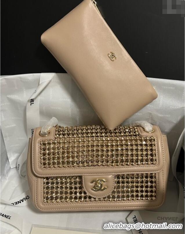Best Price Chanel Strass & Lambskin Medium Flap Bag CH052685 Beige 2025
