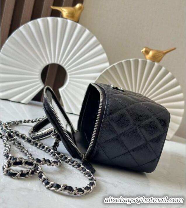 Famous Brand Chanel Grained Calfskin Vanity Case Bag with Top Handle 66021 Black 2025
