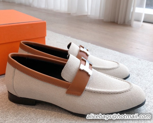 Charming Hermes Paris Loafers in Calfskin and Canvas Brown 0419114
