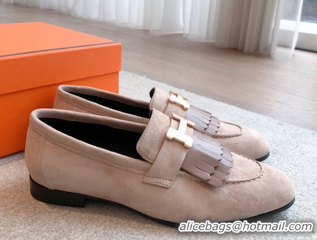 Top Grade Hermes Royal Loafers in Suede with Fringe Light Pink 0419116