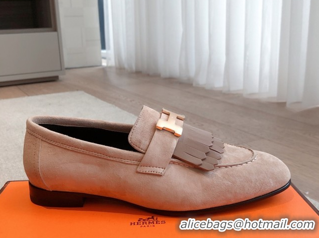Top Grade Hermes Royal Loafers in Suede with Fringe Light Pink 0419116