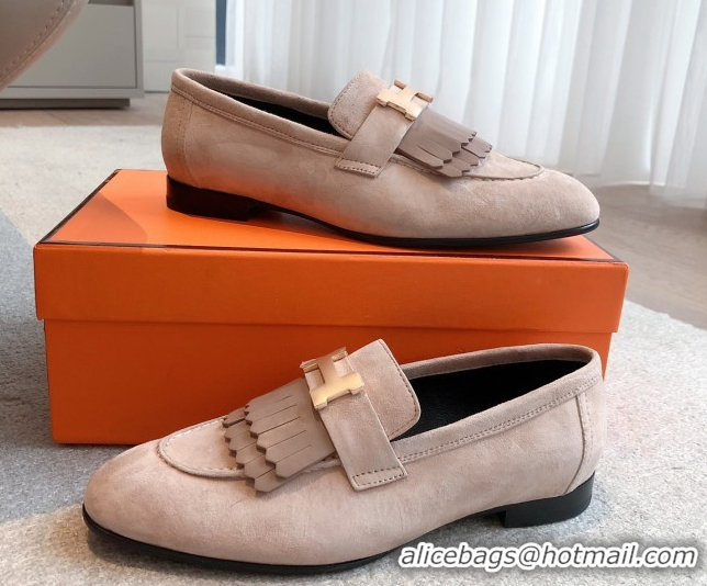 Top Grade Hermes Royal Loafers in Suede with Fringe Light Pink 0419116