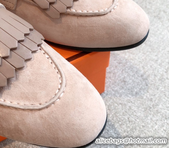 Top Grade Hermes Royal Loafers in Suede with Fringe Light Pink 0419116