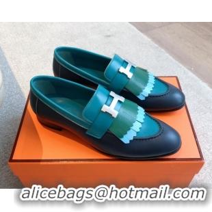Shop Duplicate Hermes Royal Loafers in Calfskin Leather with Fringe Dark Blue/Green 0419117