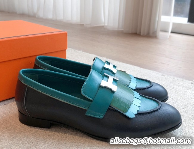 Shop Duplicate Hermes Royal Loafers in Calfskin Leather with Fringe Dark Blue/Green 0419117