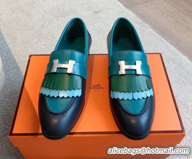 Shop Duplicate Hermes Royal Loafers in Calfskin Leather with Fringe Dark Blue/Green 0419117