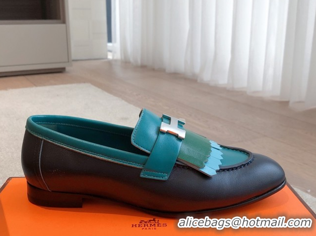 Shop Duplicate Hermes Royal Loafers in Calfskin Leather with Fringe Dark Blue/Green 0419117