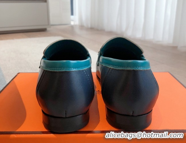 Shop Duplicate Hermes Royal Loafers in Calfskin Leather with Fringe Dark Blue/Green 0419117