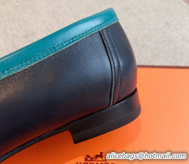 Shop Duplicate Hermes Royal Loafers in Calfskin Leather with Fringe Dark Blue/Green 0419117
