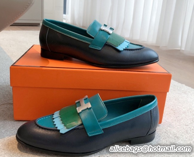 Shop Duplicate Hermes Royal Loafers in Calfskin Leather with Fringe Dark Blue/Green 0419117