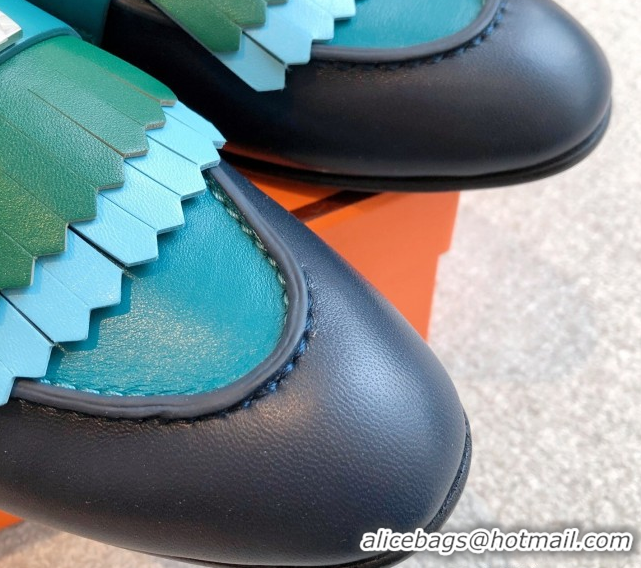 Shop Duplicate Hermes Royal Loafers in Calfskin Leather with Fringe Dark Blue/Green 0419117