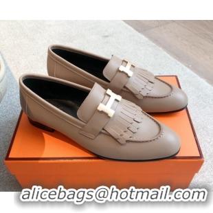 Good Quality Hermes Royal Loafers in Calfskin Leather with Fringe Elephant Grey 0419118