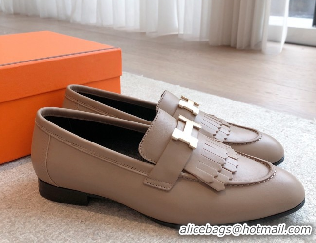 Good Quality Hermes Royal Loafers in Calfskin Leather with Fringe Elephant Grey 0419118