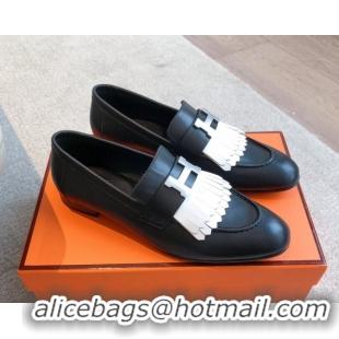 Grade Quality Hermes Royal Loafers in Calfskin Leather with Fringe Black/White 0419119