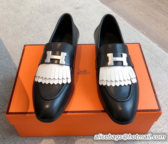 Grade Quality Hermes Royal Loafers in Calfskin Leather with Fringe Black/White 0419119