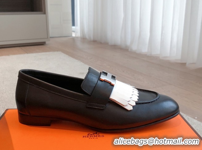 Grade Quality Hermes Royal Loafers in Calfskin Leather with Fringe Black/White 0419119