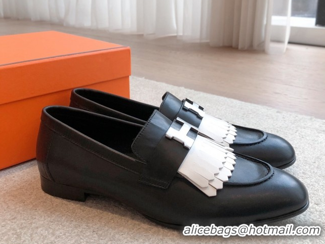 Grade Quality Hermes Royal Loafers in Calfskin Leather with Fringe Black/White 0419119