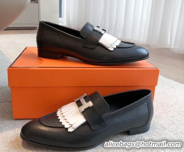 Grade Quality Hermes Royal Loafers in Calfskin Leather with Fringe Black/White 0419119