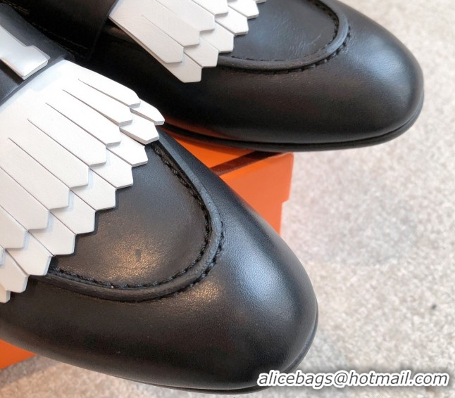 Grade Quality Hermes Royal Loafers in Calfskin Leather with Fringe Black/White 0419119