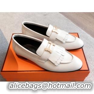Pretty Style Hermes Royal Loafers in Calfskin Leather with Fringe White 0419121