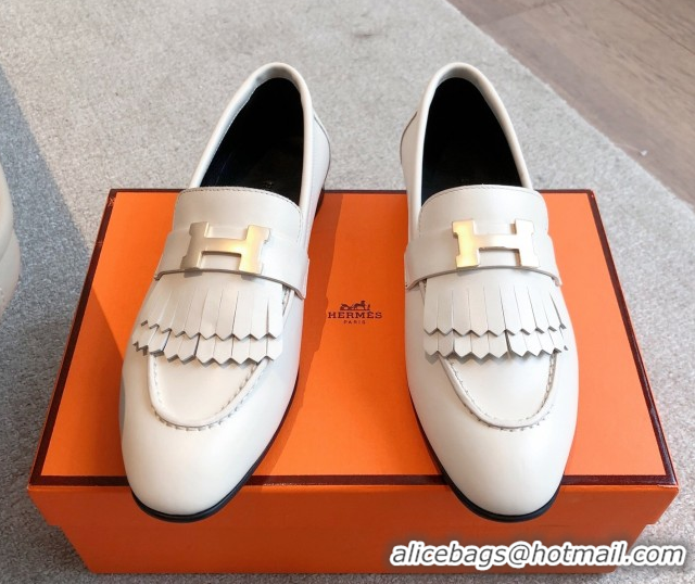 Pretty Style Hermes Royal Loafers in Calfskin Leather with Fringe White 0419121