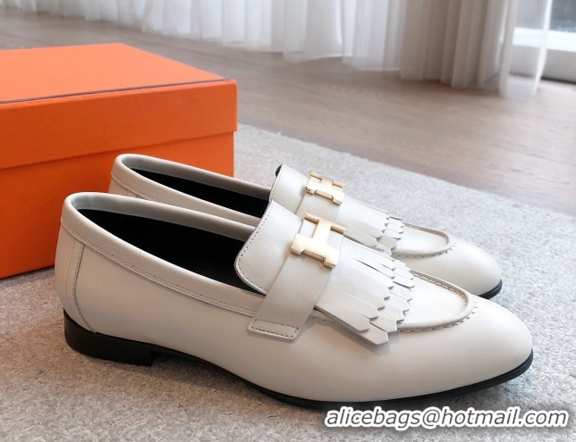 Pretty Style Hermes Royal Loafers in Calfskin Leather with Fringe White 0419121