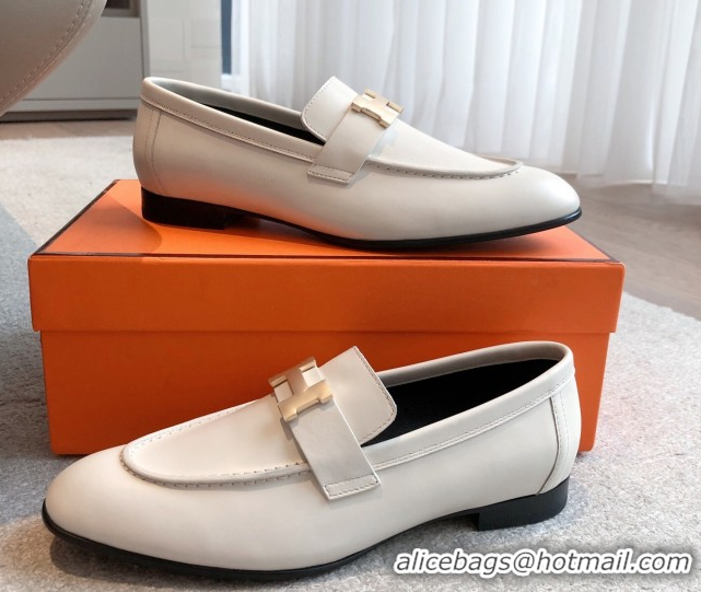 Pretty Style Hermes Royal Loafers in Calfskin Leather with Fringe White 0419121
