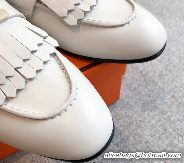 Pretty Style Hermes Royal Loafers in Calfskin Leather with Fringe White 0419121