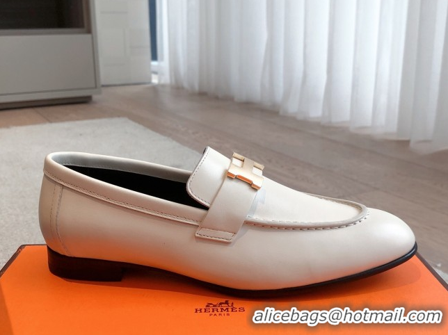 Pretty Style Hermes Royal Loafers in Calfskin Leather with Fringe White 0419121