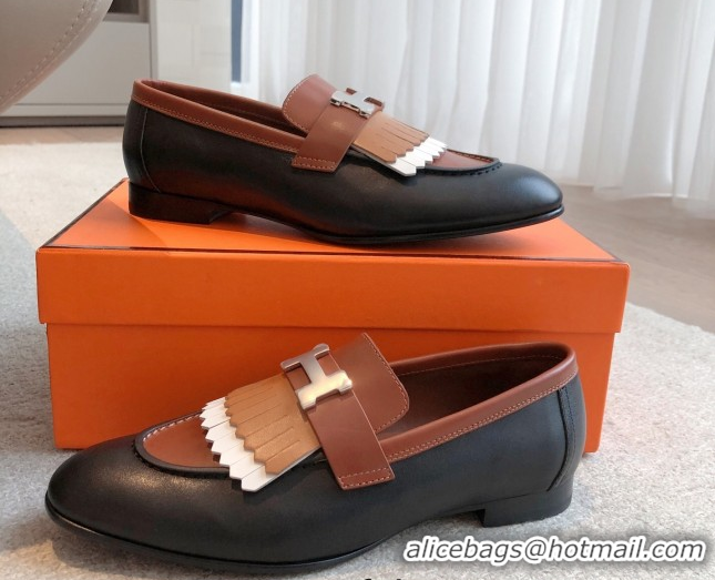 Low Price Hermes Royal Loafers in Calfskin Leather with Fringe Black/Brown 0419122