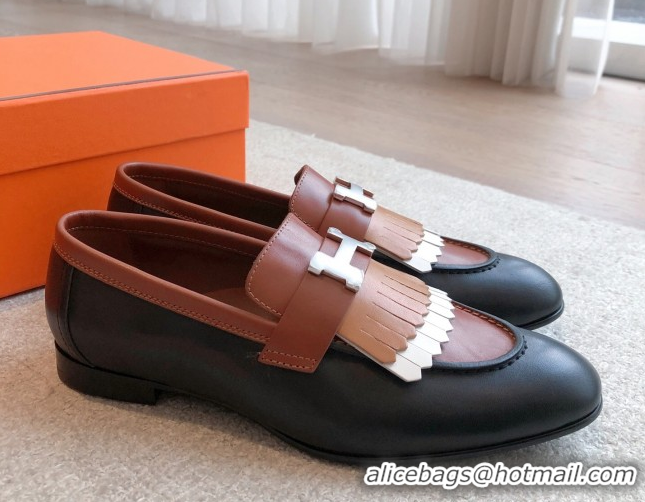 Low Price Hermes Royal Loafers in Calfskin Leather with Fringe Black/Brown 0419122