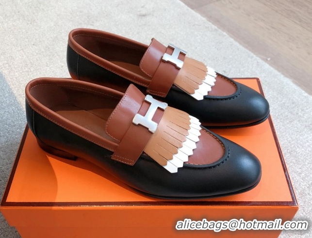 Low Price Hermes Royal Loafers in Calfskin Leather with Fringe Black/Brown 0419122