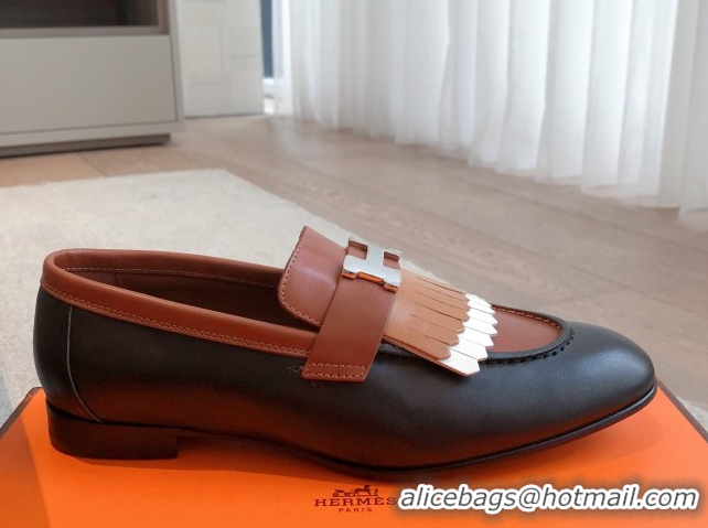 Low Price Hermes Royal Loafers in Calfskin Leather with Fringe Black/Brown 0419122