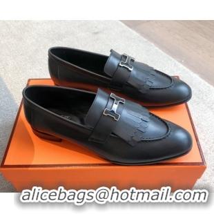 Best Product Hermes Royal Loafers in Calfskin Leather with Fringe Black 0419123