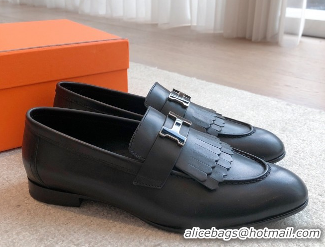 Best Product Hermes Royal Loafers in Calfskin Leather with Fringe Black 0419123
