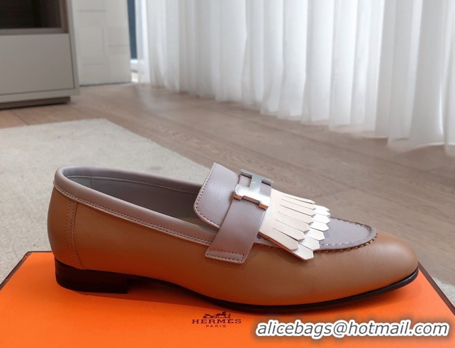 Low Cost Hermes Royal Loafers in Calfskin Leather with Fringe Brown/Purple 0419124