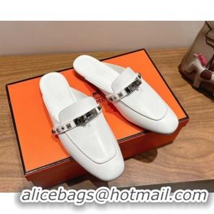 Durable Hermes Oz Flat Mules in Calfskin with Kelly Buckle and Studs White 0421007